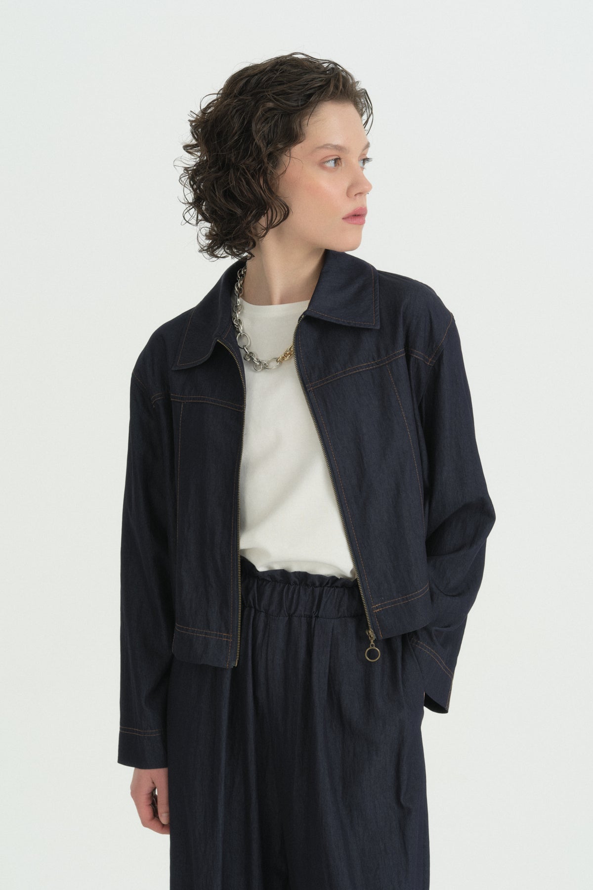 Dikiş Detaylı Denim Görünümlü Rayon Ceket - İndigo