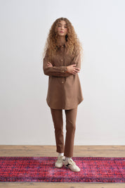 Shirt Collar Tunic with Stitching Detail - Light Brown