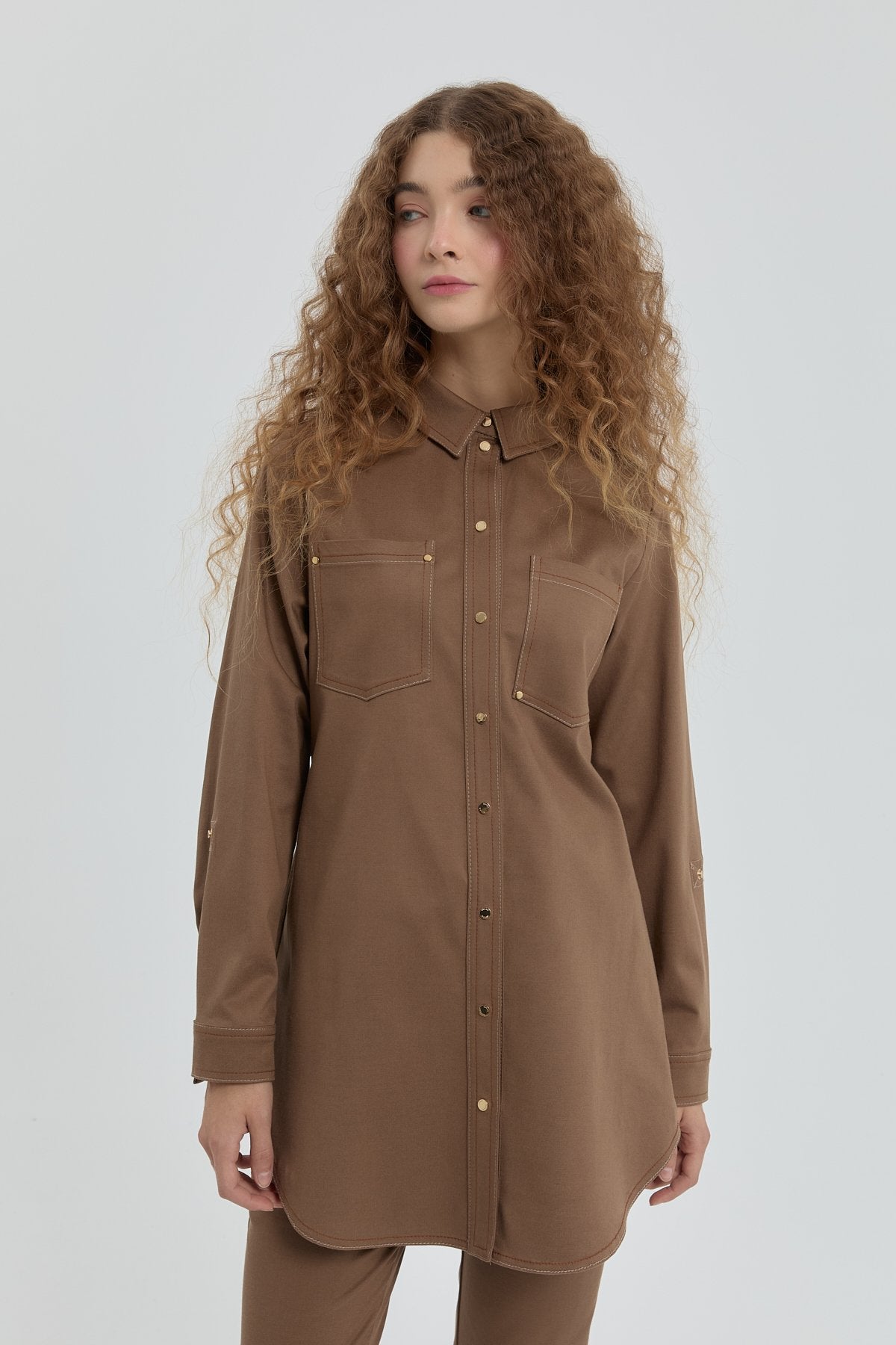 Shirt Collar Tunic with Stitching Detail - Light Brown