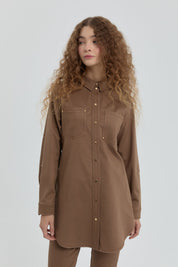 Shirt Collar Tunic with Stitching Detail - Light Brown