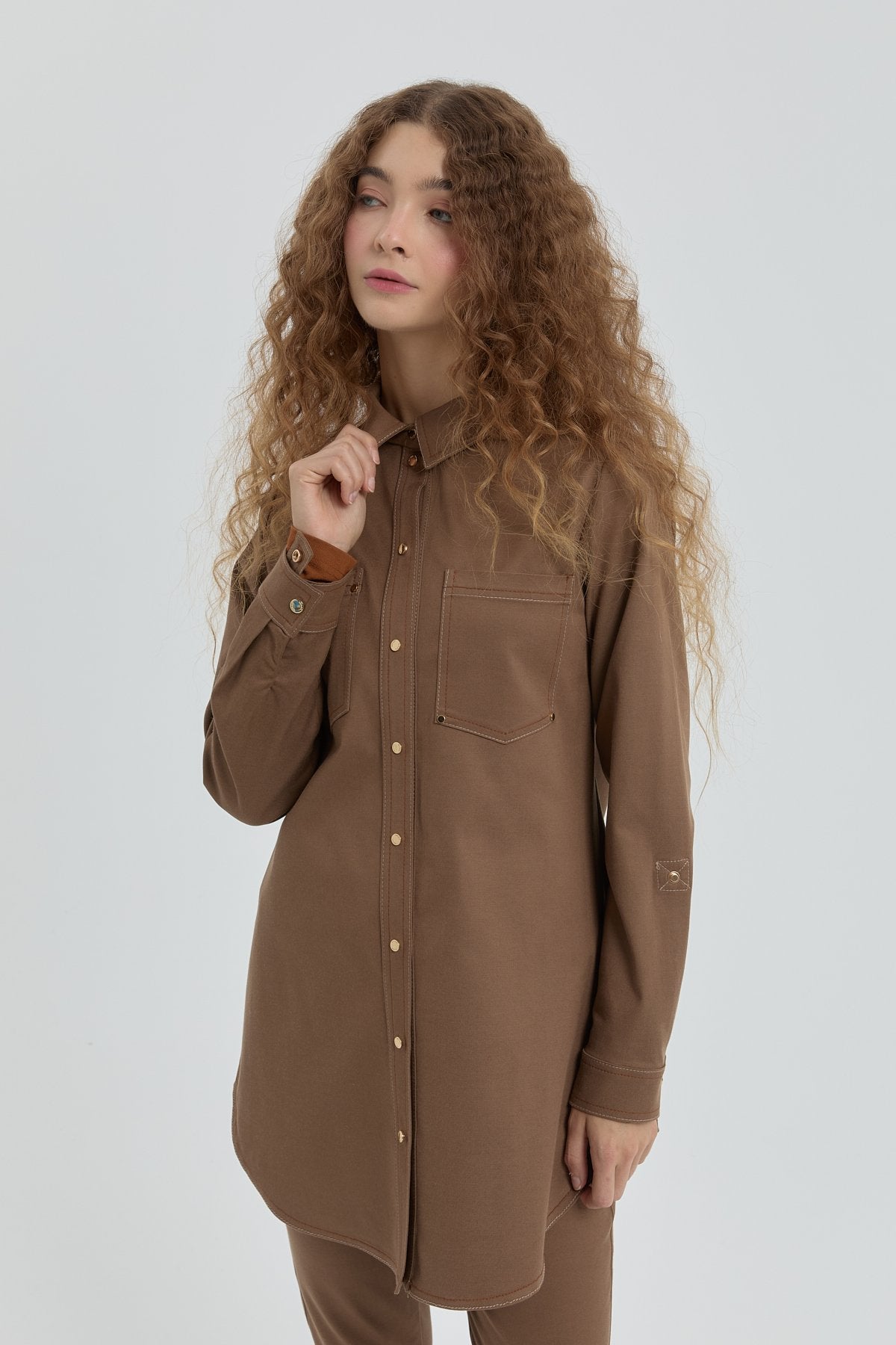 Shirt Collar Tunic with Stitching Detail - Light Brown