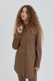 Shirt Collar Tunic with Stitching Detail - Light Brown