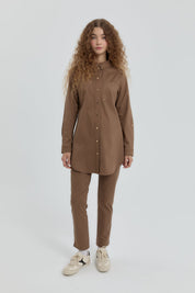 Shirt Collar Tunic with Stitching Detail - Light Brown