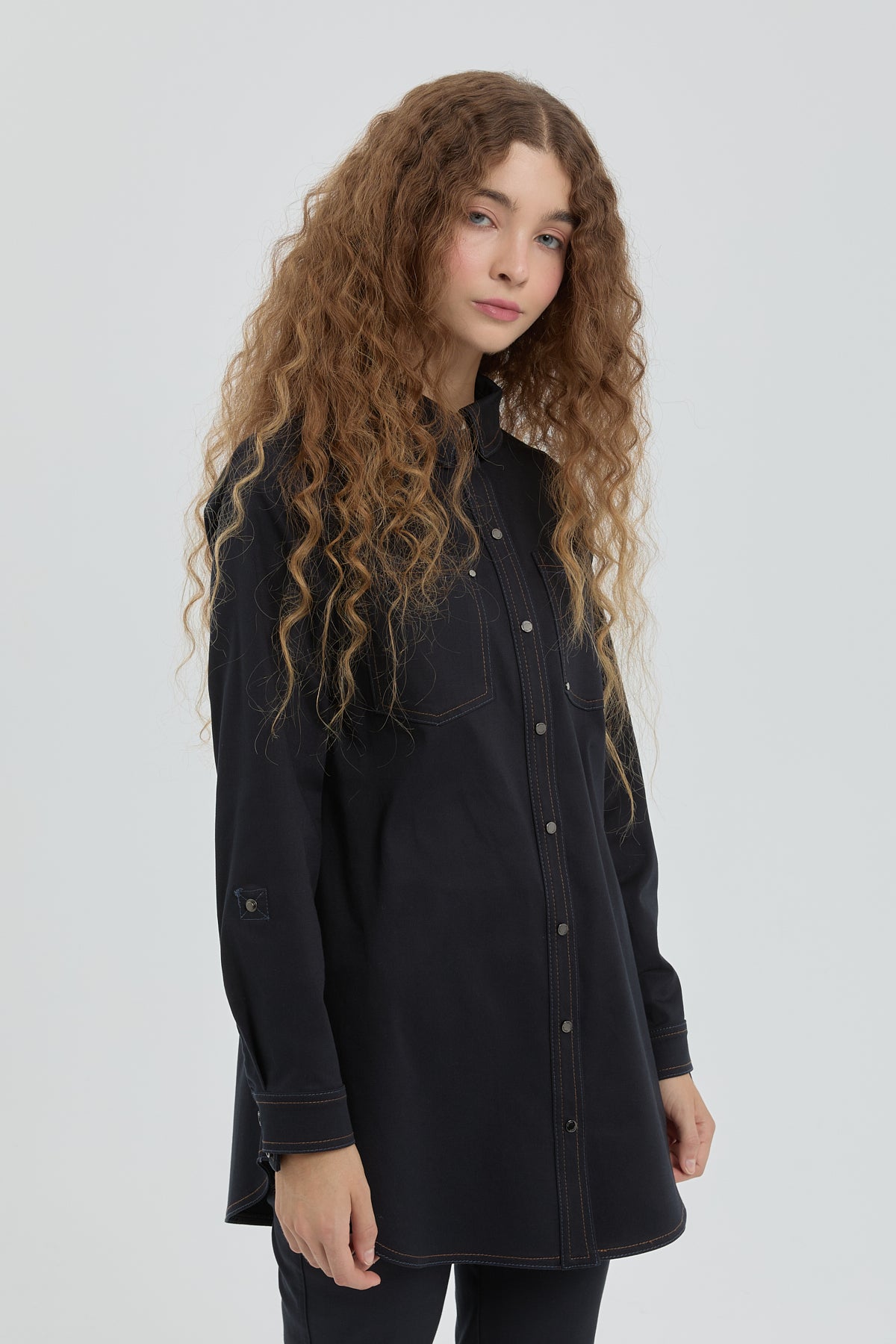 Stitch Detailed Shirt Collar Tunic - Navy Blue
