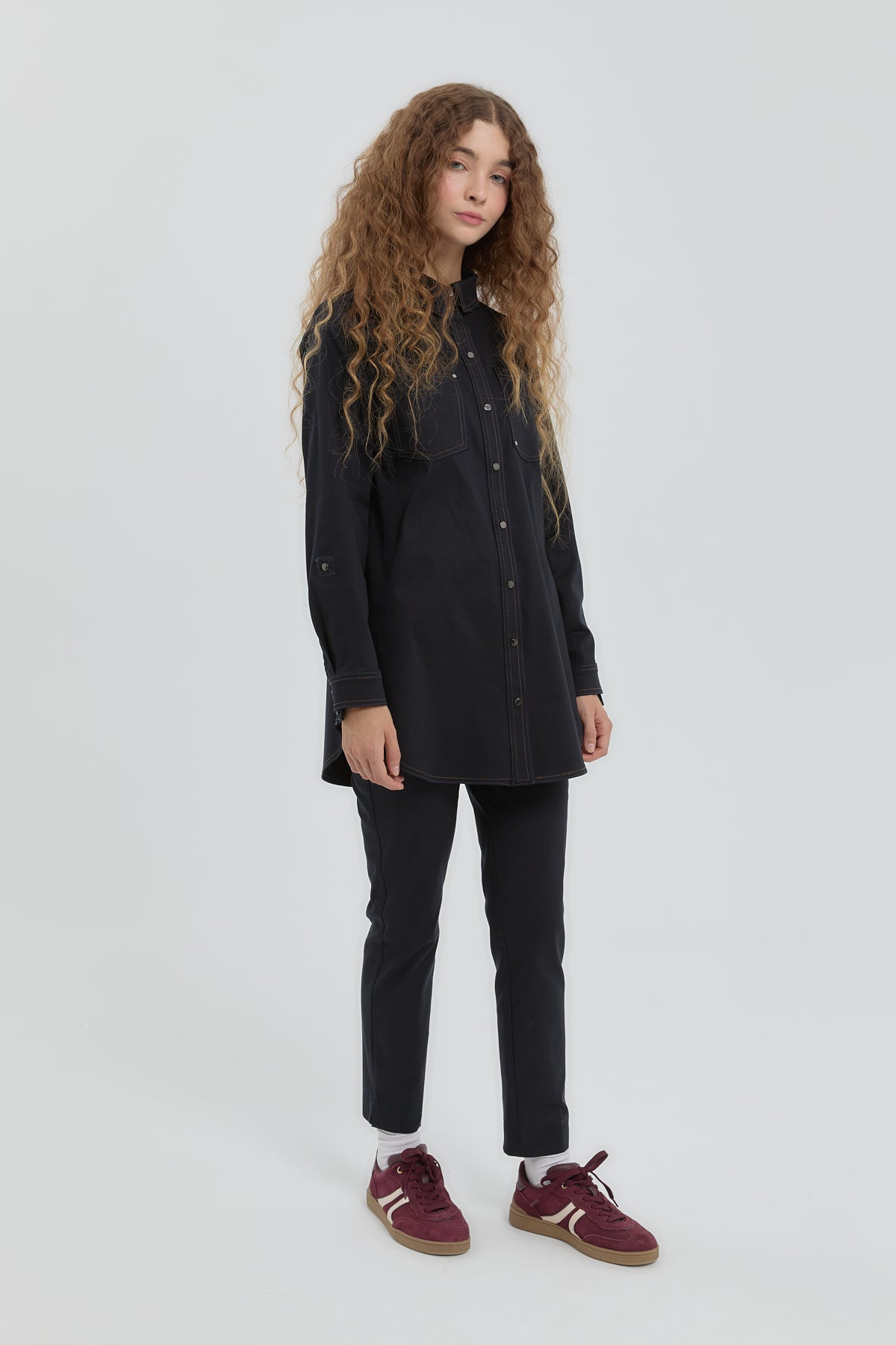 Stitch Detailed Shirt Collar Tunic - Navy Blue