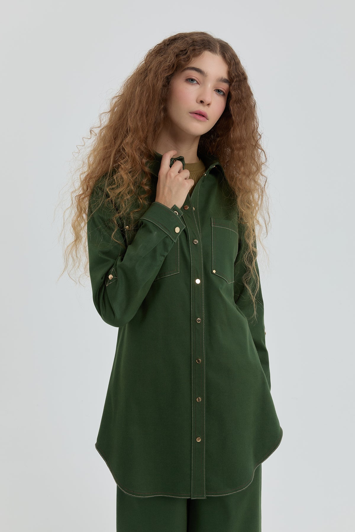 Stitched Detail Shirt Collar Tunic - Green