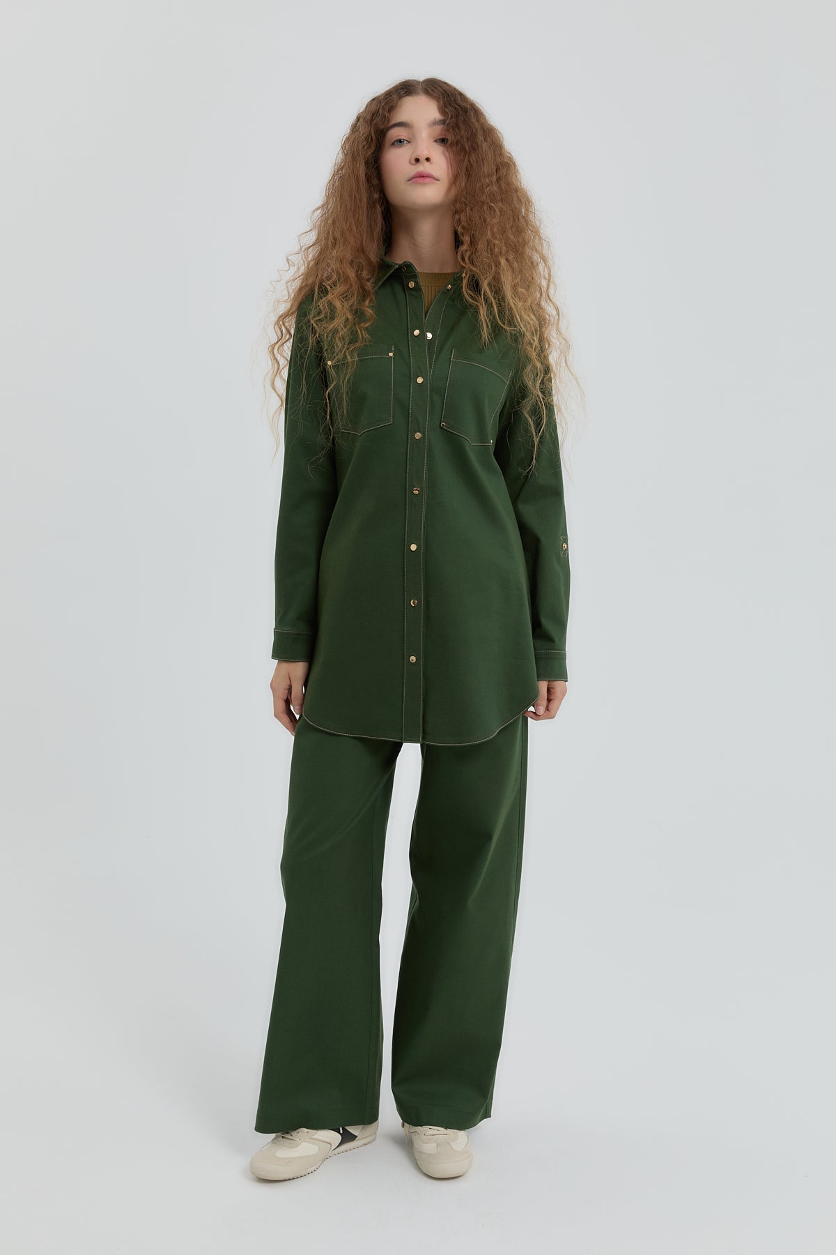 Stitched Detail Shirt Collar Tunic - Green
