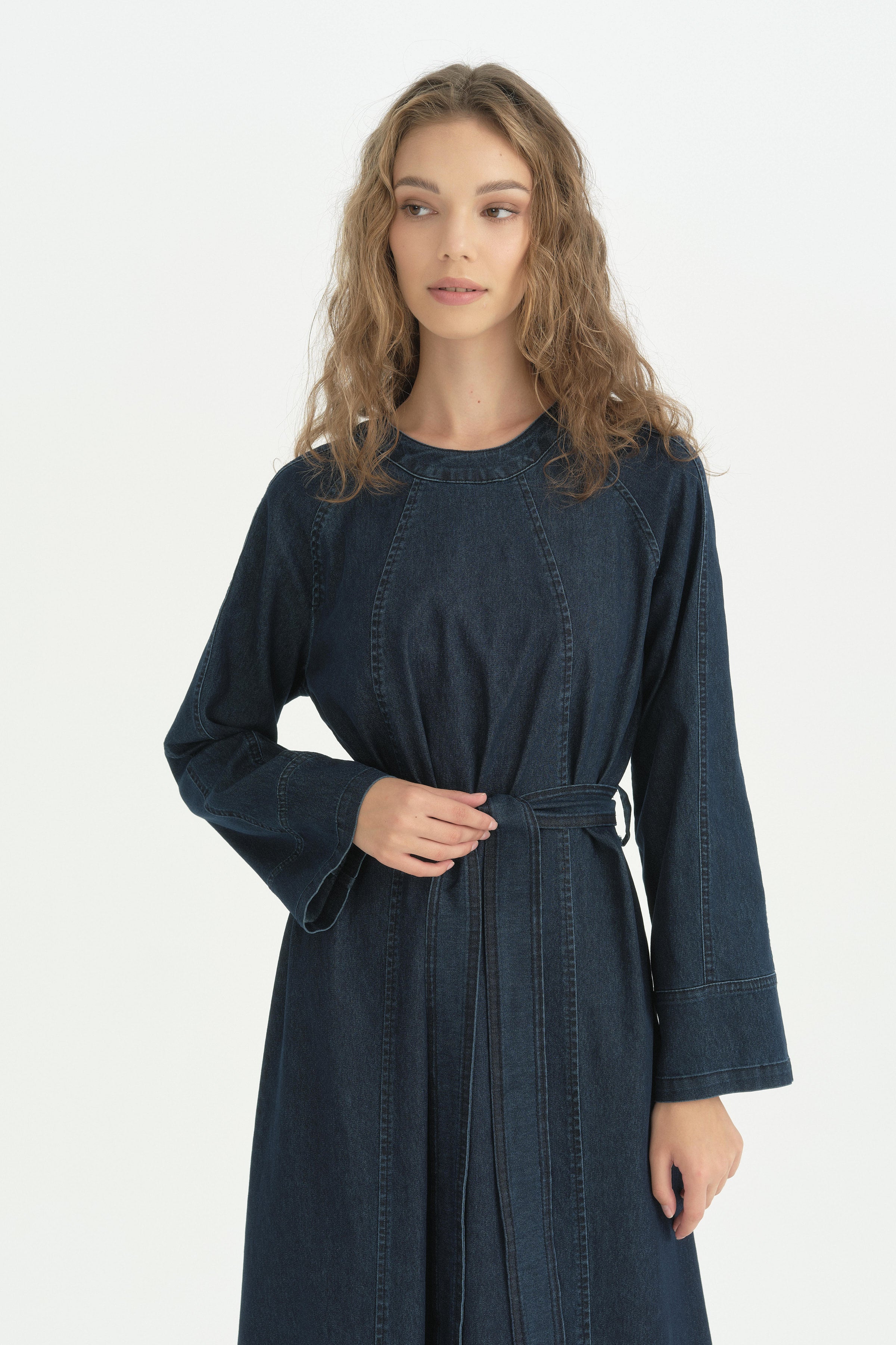 Dikiş Detaylı Kuşaklı Denim Pamuklu Elbise - İndigo