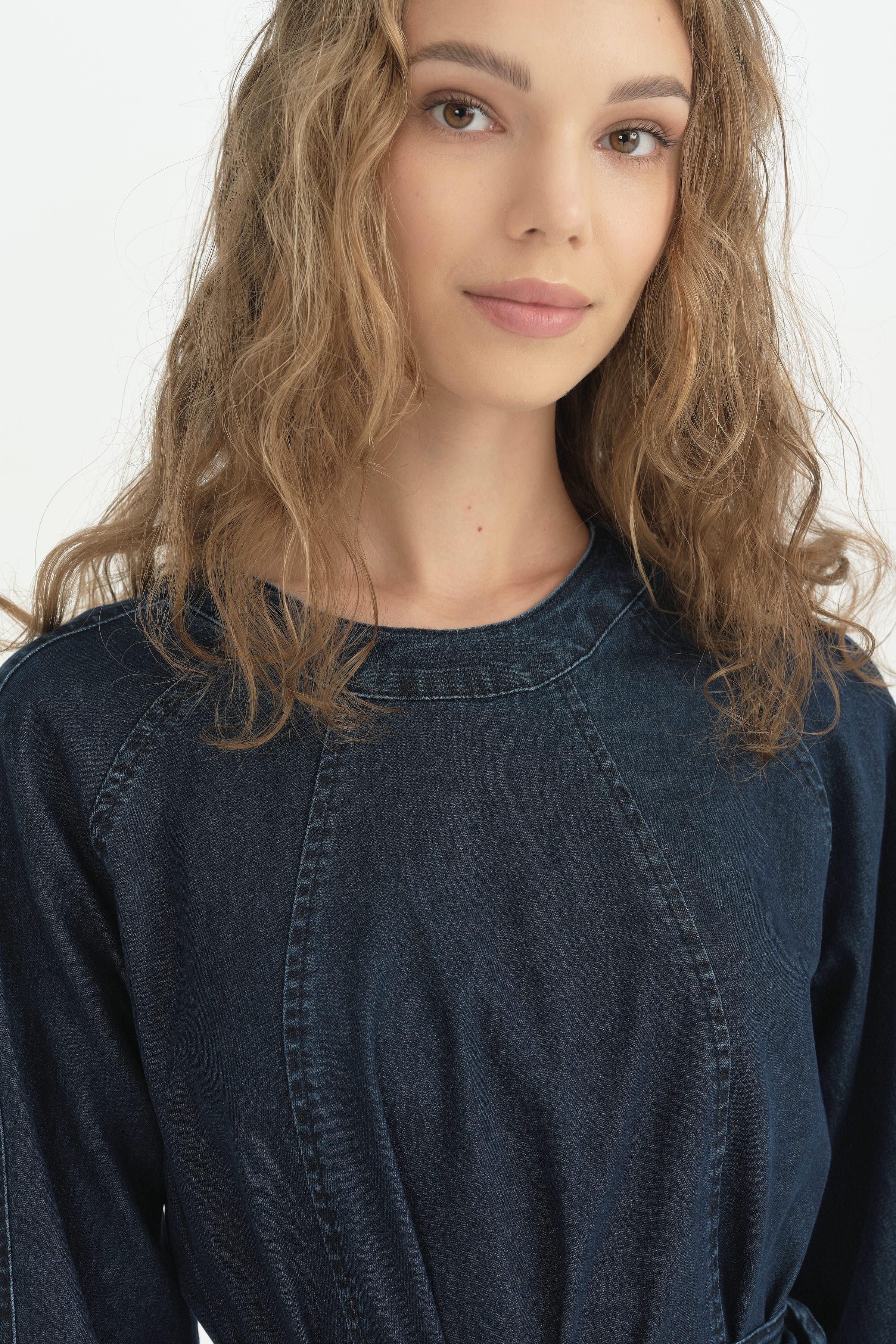 Dikiş Detaylı Kuşaklı Denim Pamuklu Elbise - İndigo