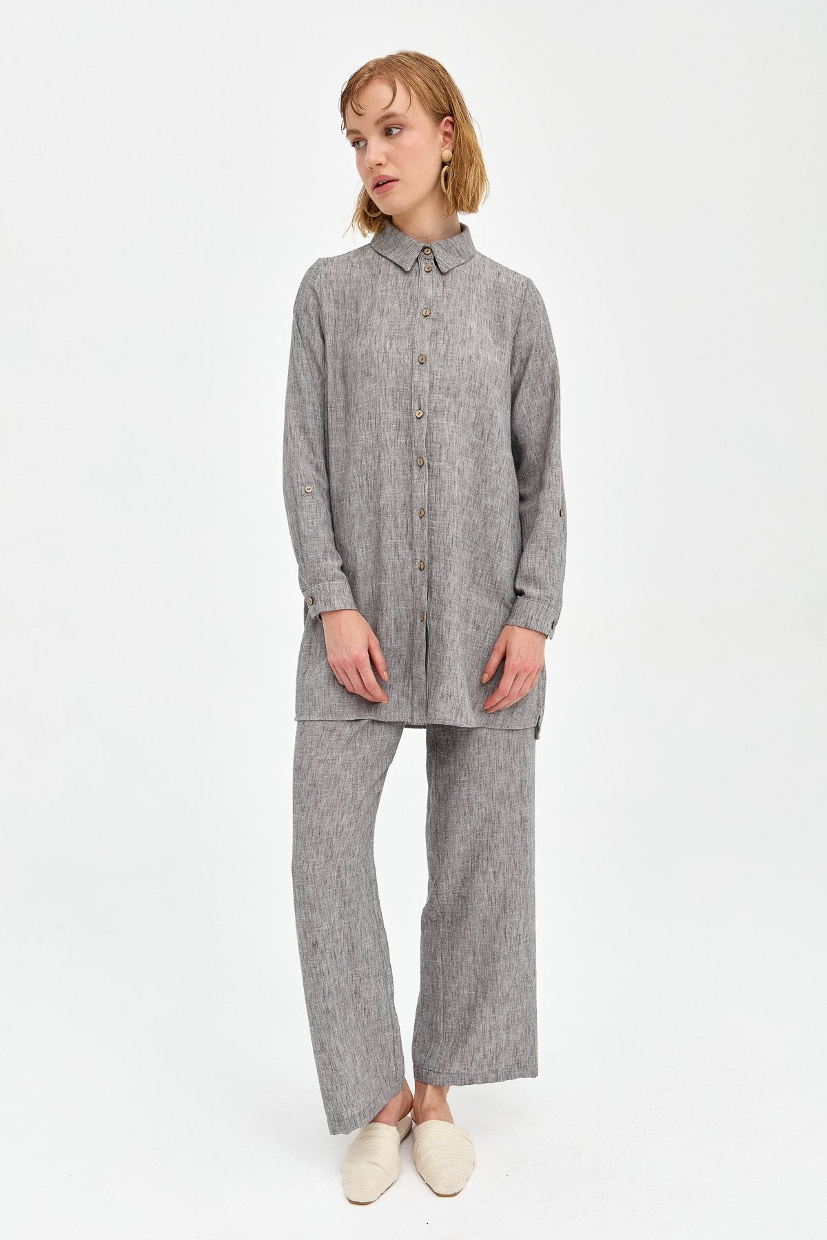 Natural Fabric Pants and Tunic Set - Dark Gray