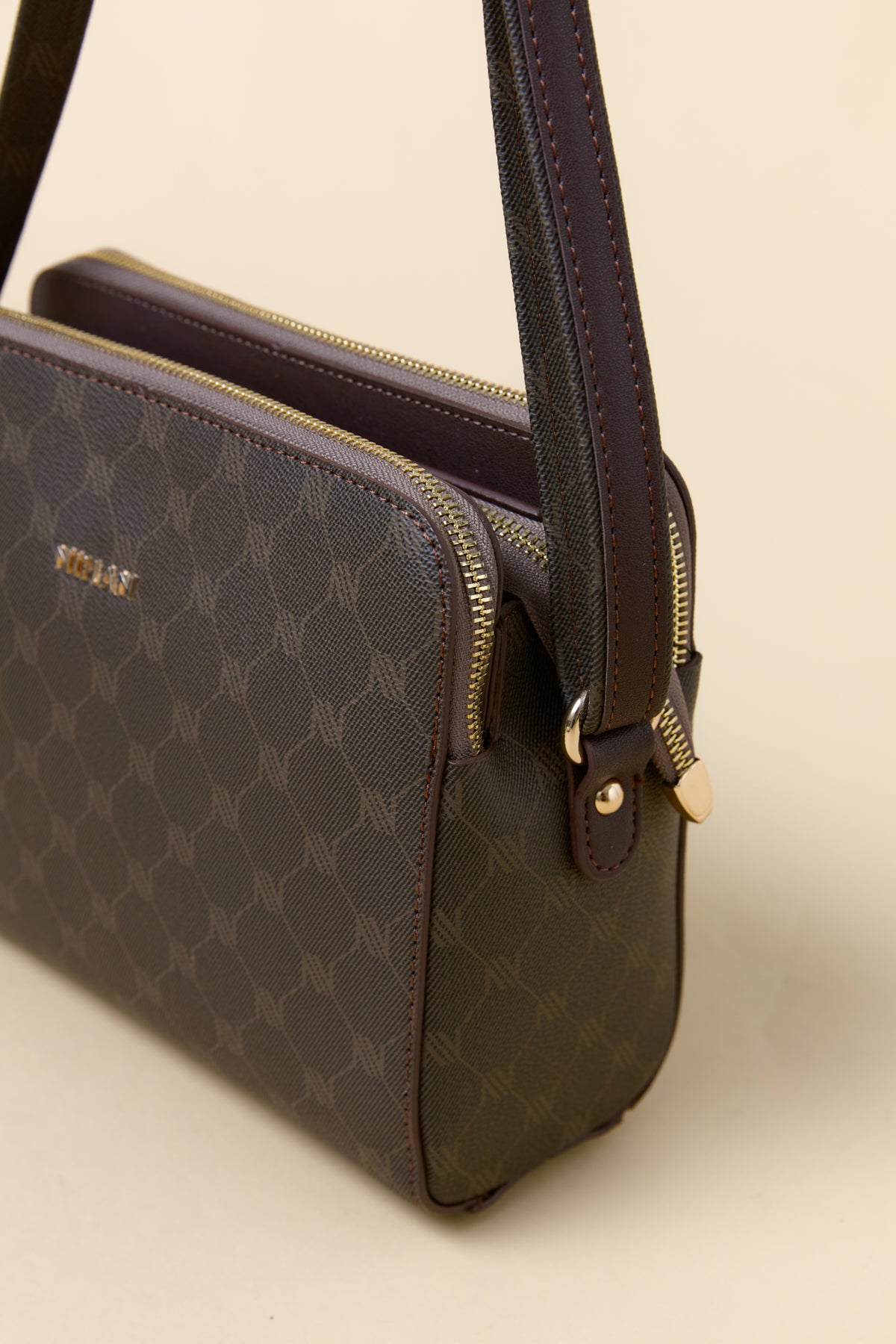 Monogram Textured Cross-Body Bag - Coffee
