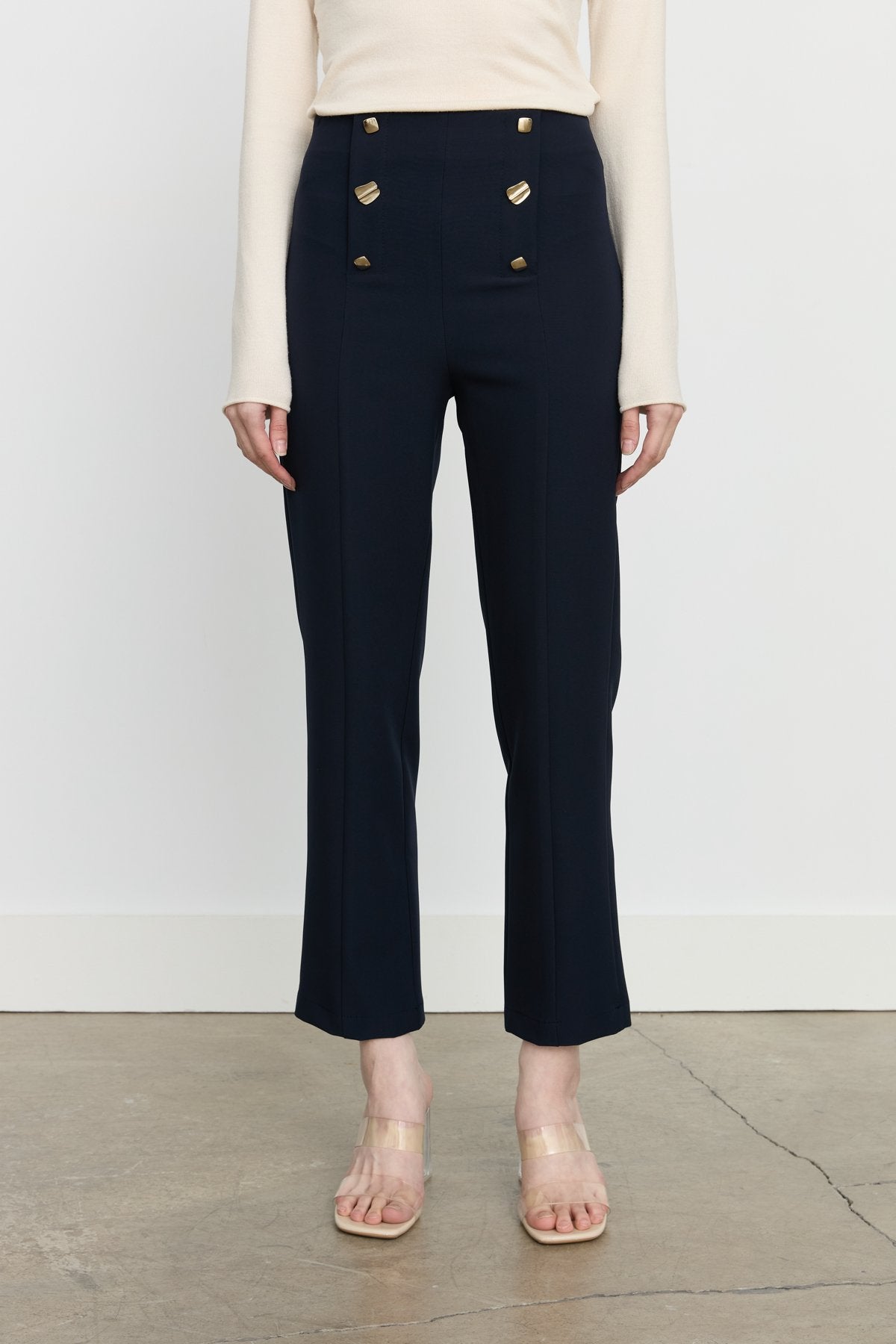 Button Detail Straight Leg Trousers - Navy Blue