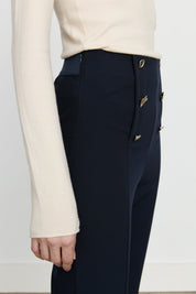 Button Detail Straight Leg Trousers - Navy Blue