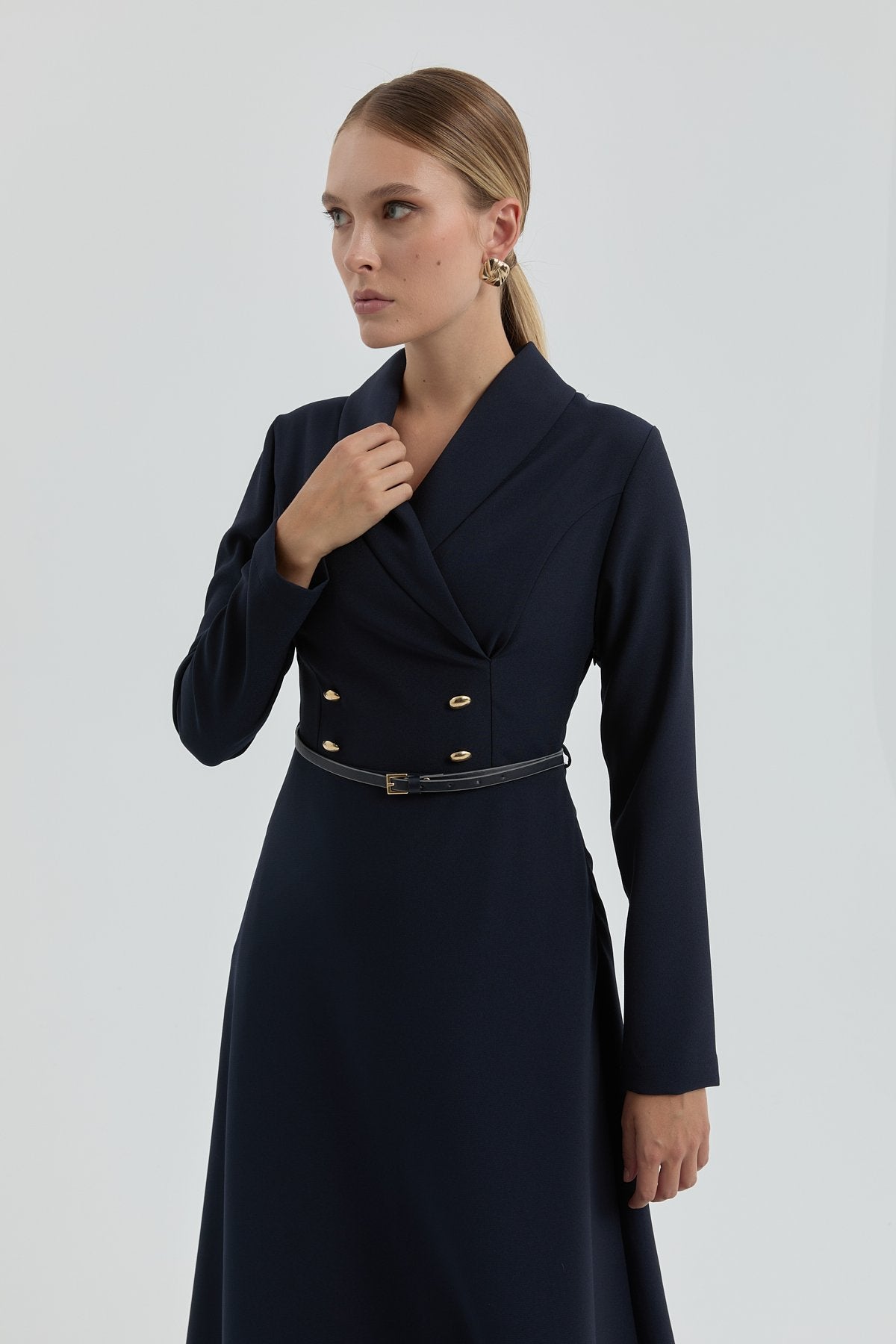Button Detail Dress - Navy Blue