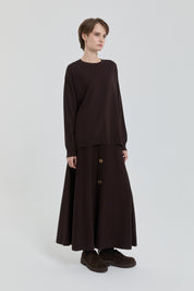 Button Detail Skirt and Blouse Rayon Set - Coffee