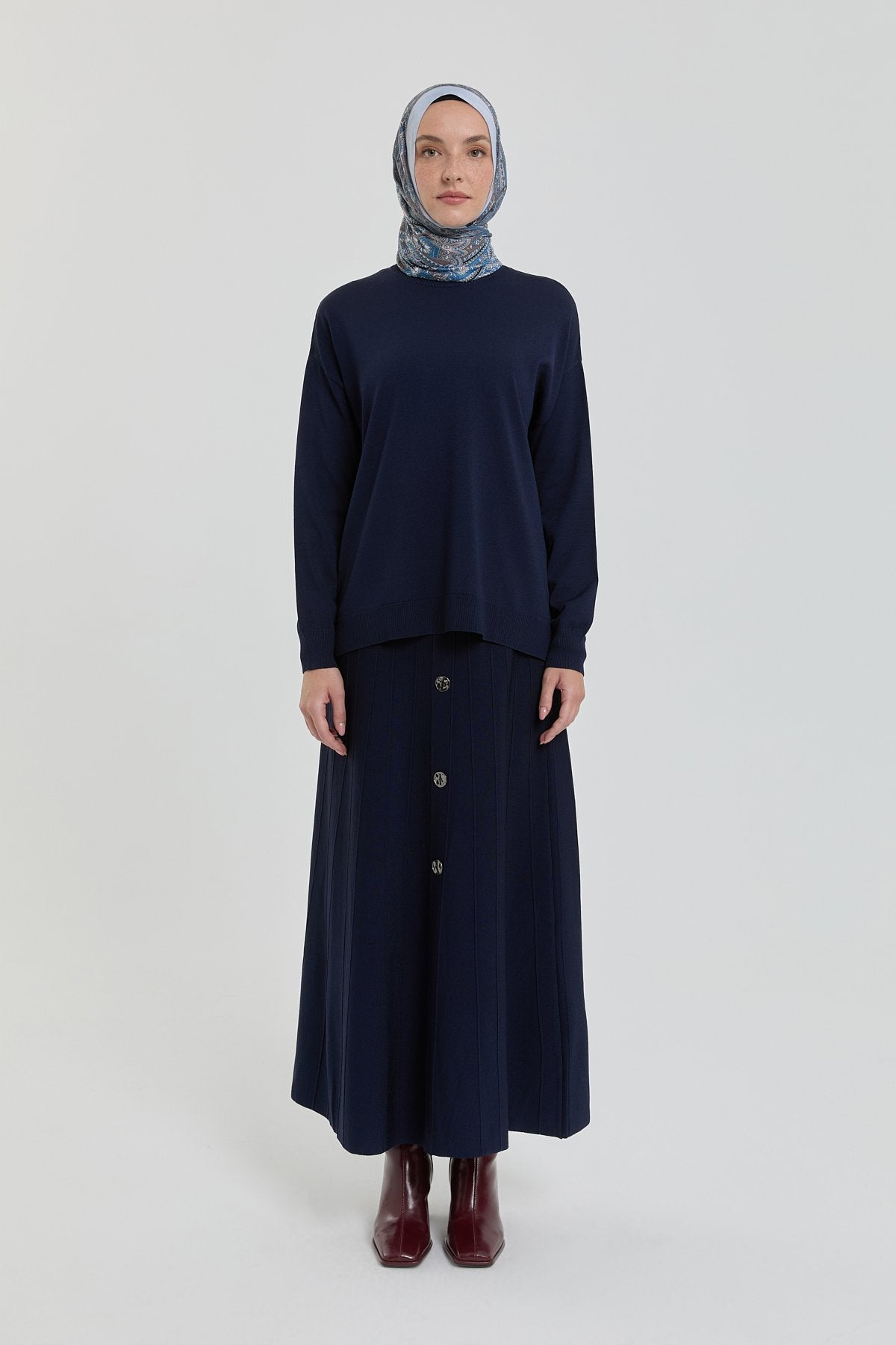 Düğme Detaylı Etek Bluz Rayon Takım - Lacivert