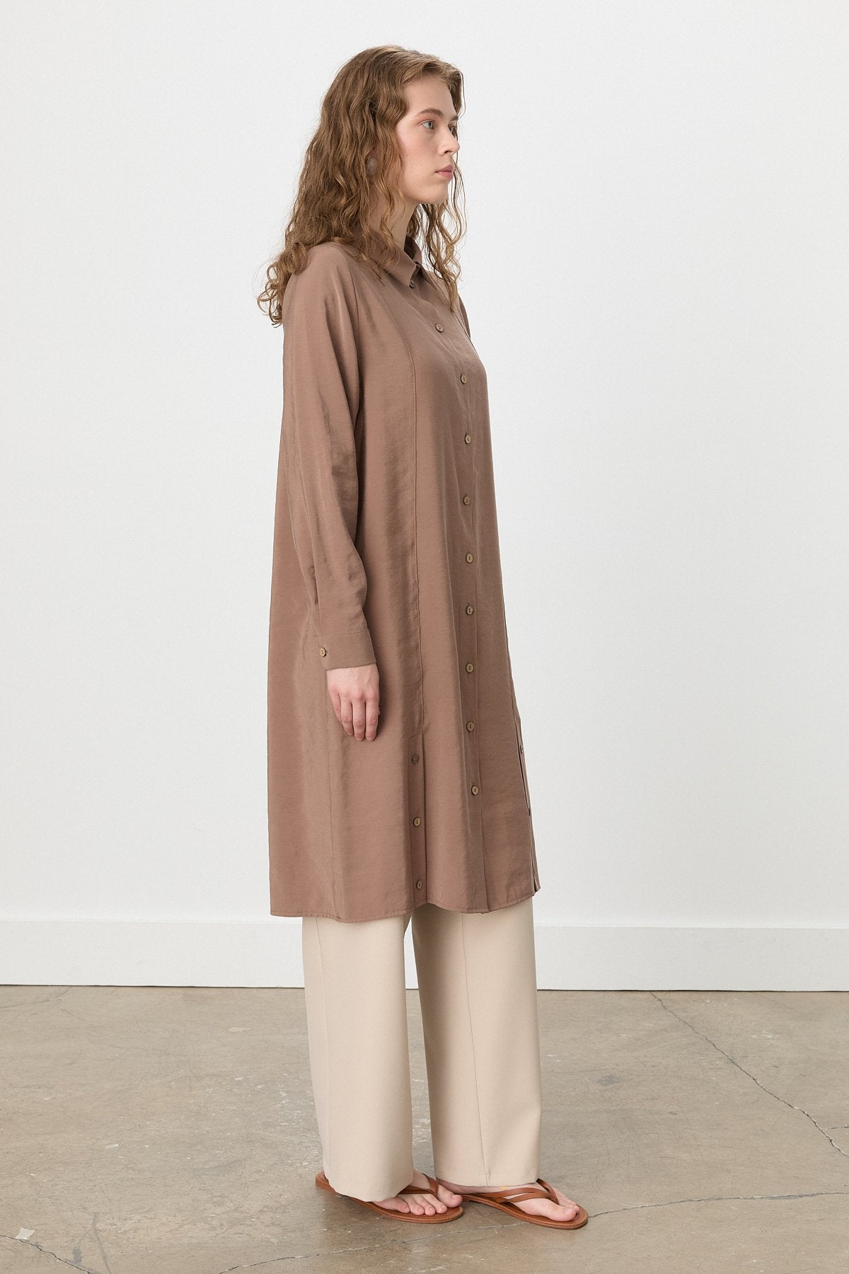 Button Detail Shirt Collar Modal Tunic - Light Brown