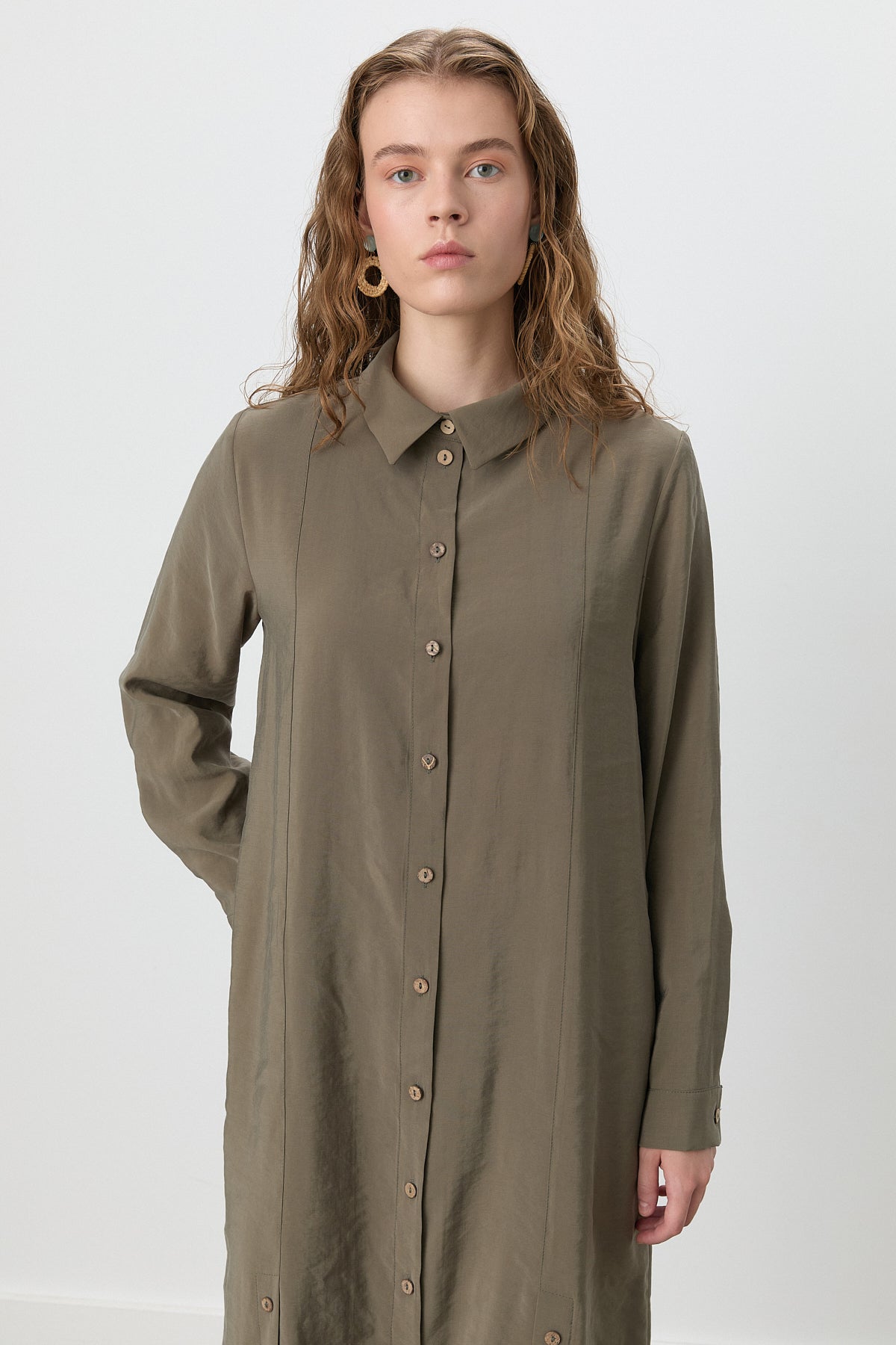 Button-Detail Shirt-Collar Modal Tunic - Khaki