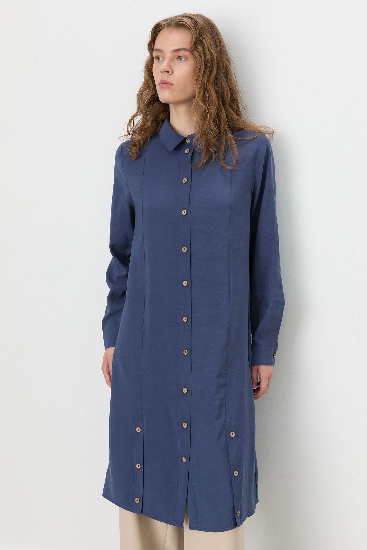 Button Detail Shirt Collar Modal Tunic - Indigo