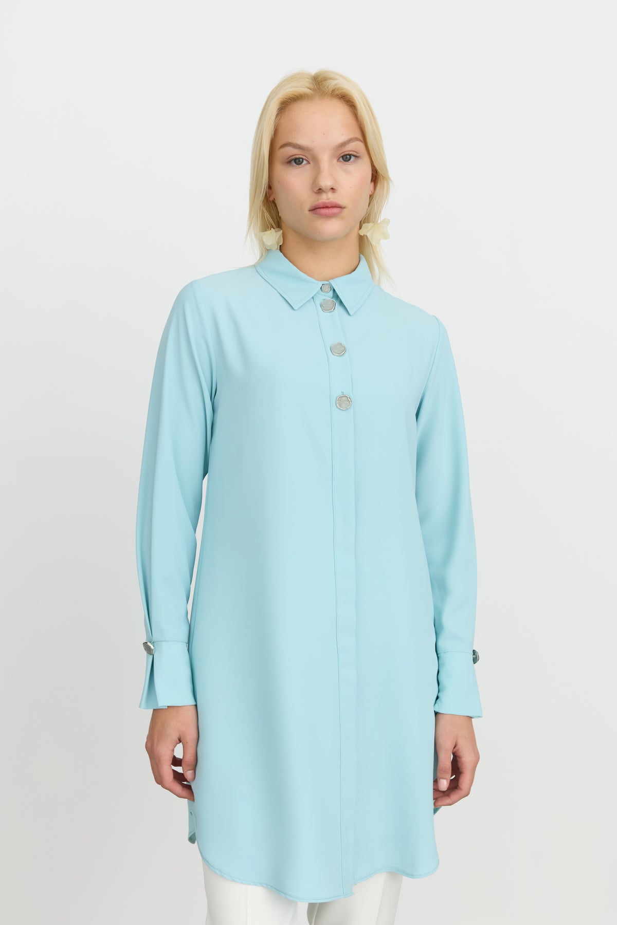 Düğme Detaylı Gömlek Yaka Tunik - Aqua