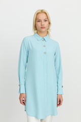 Button Detail Shirt Collar Tunic - Aqua
