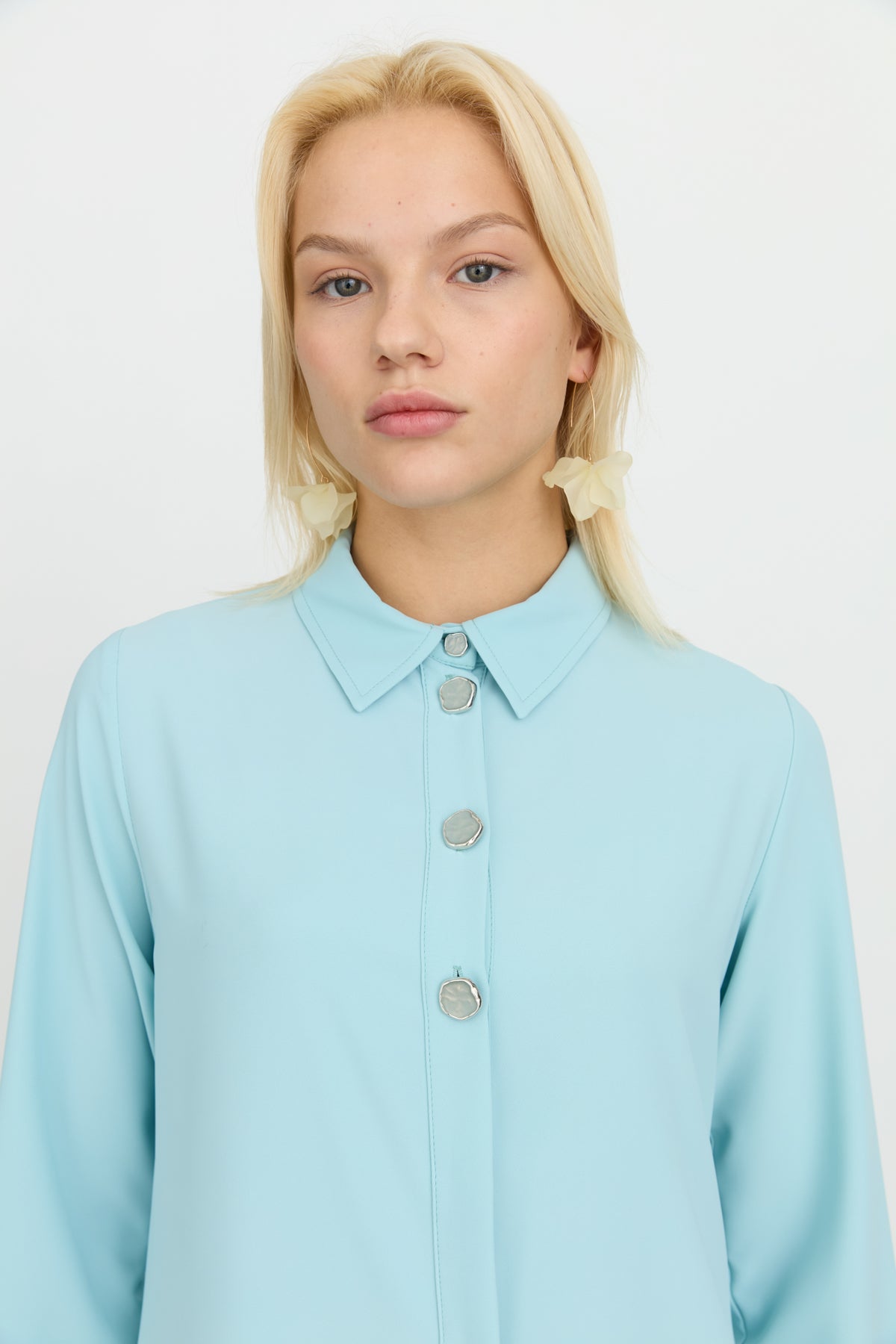 Button Detail Shirt Collar Tunic - Aqua
