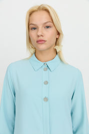 Button Detail Shirt Collar Tunic - Aqua