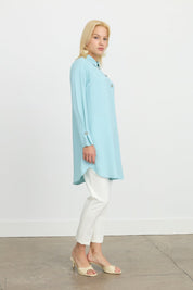 Button Detail Shirt Collar Tunic - Aqua