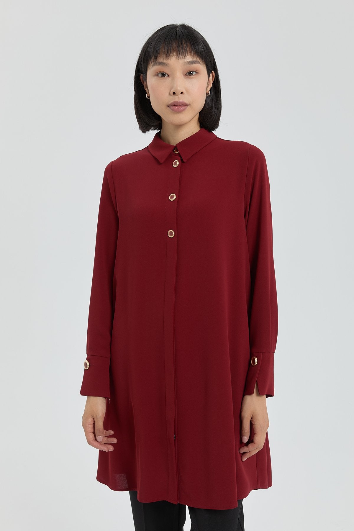 Düğme Detaylı Gömlek Yaka Tunik - Bordo