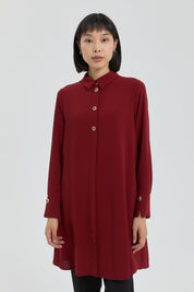 Düğme Detaylı Gömlek Yaka Tunik - Bordo