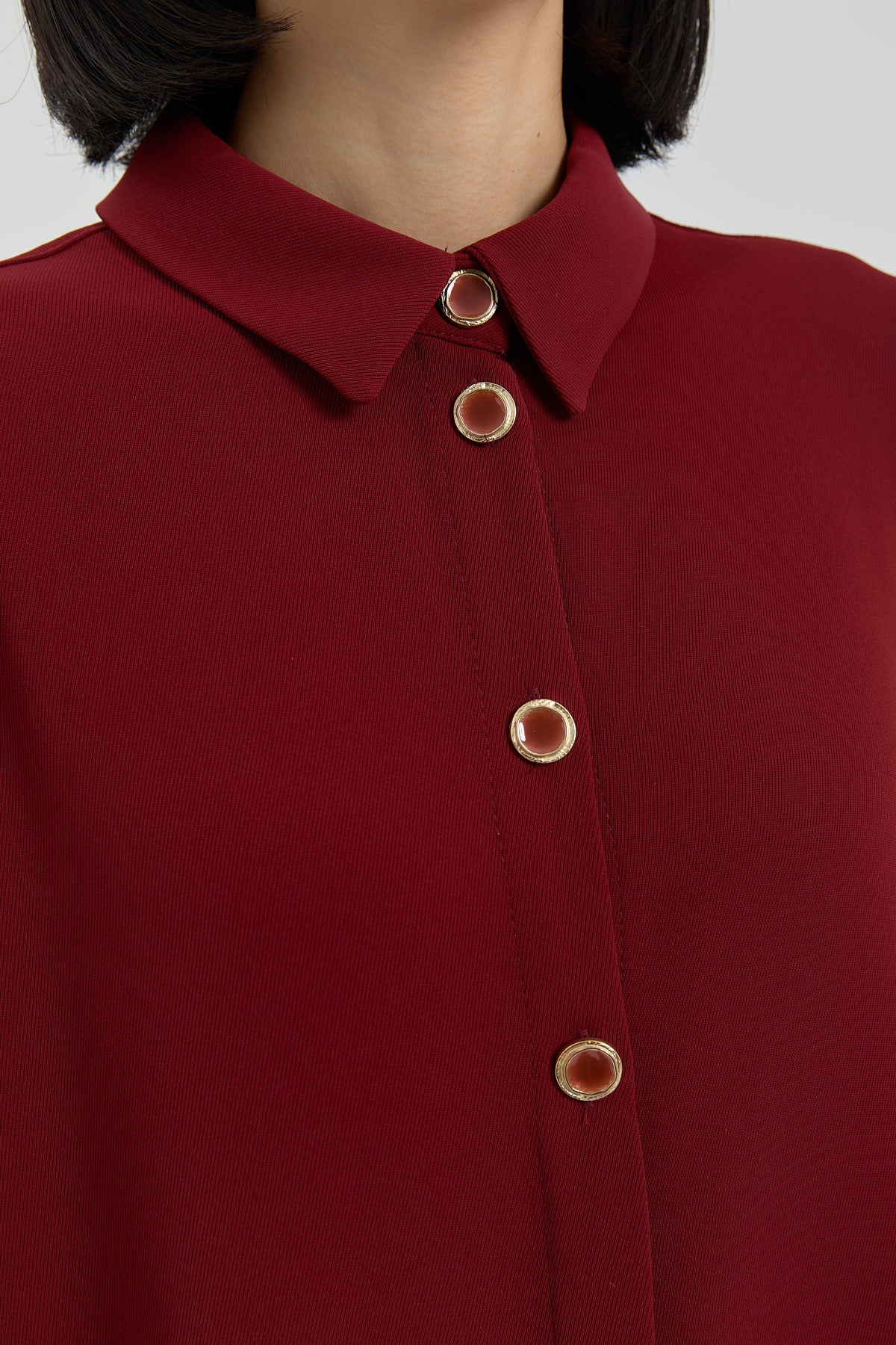 Button Detail Shirt Collar Tunic - Burgundy