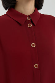 Button Detail Shirt Collar Tunic - Burgundy
