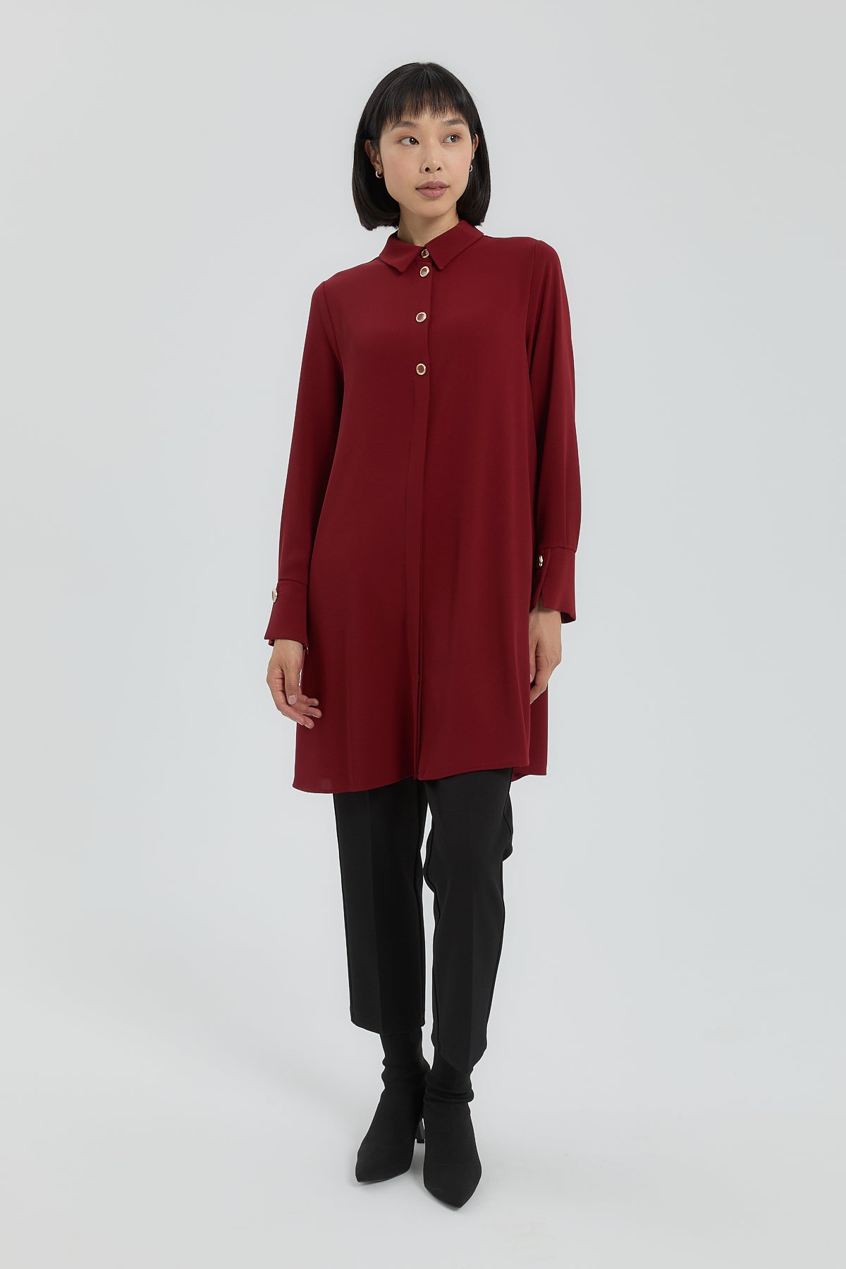 Button Detail Shirt Collar Tunic - Burgundy