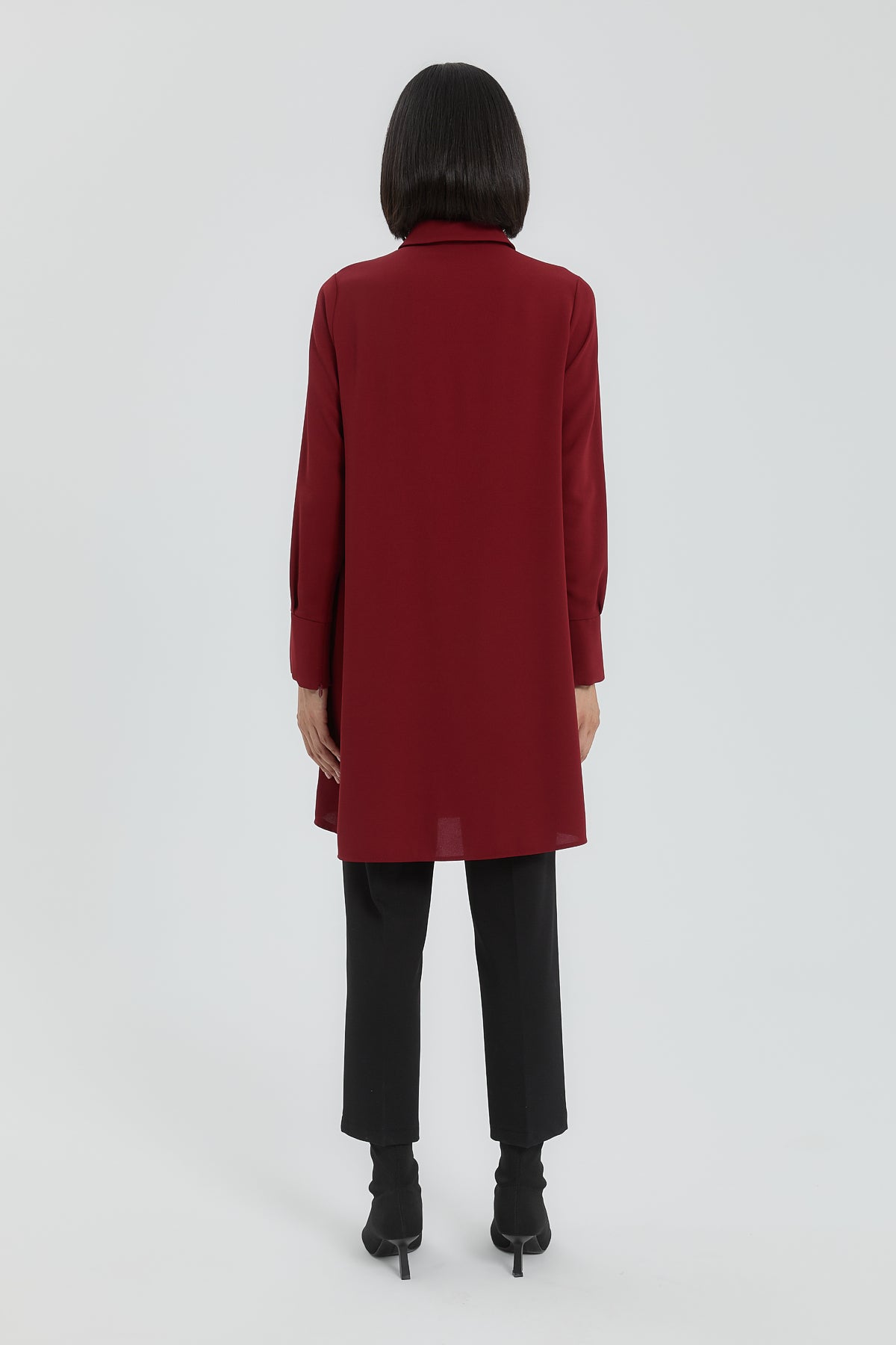 Button Detail Shirt Collar Tunic - Burgundy