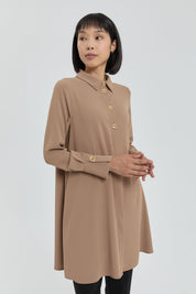 Button Detail Shirt Collar Tunic - Camel