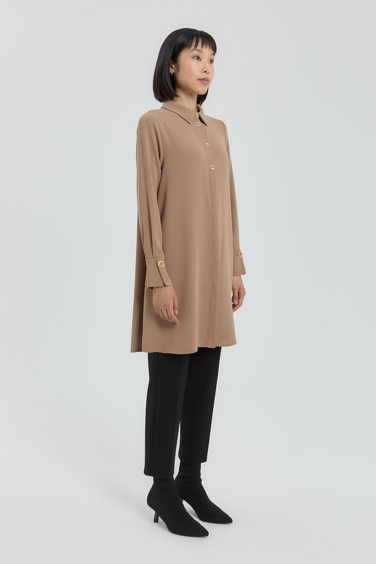 Button Detail Shirt Collar Tunic - Camel