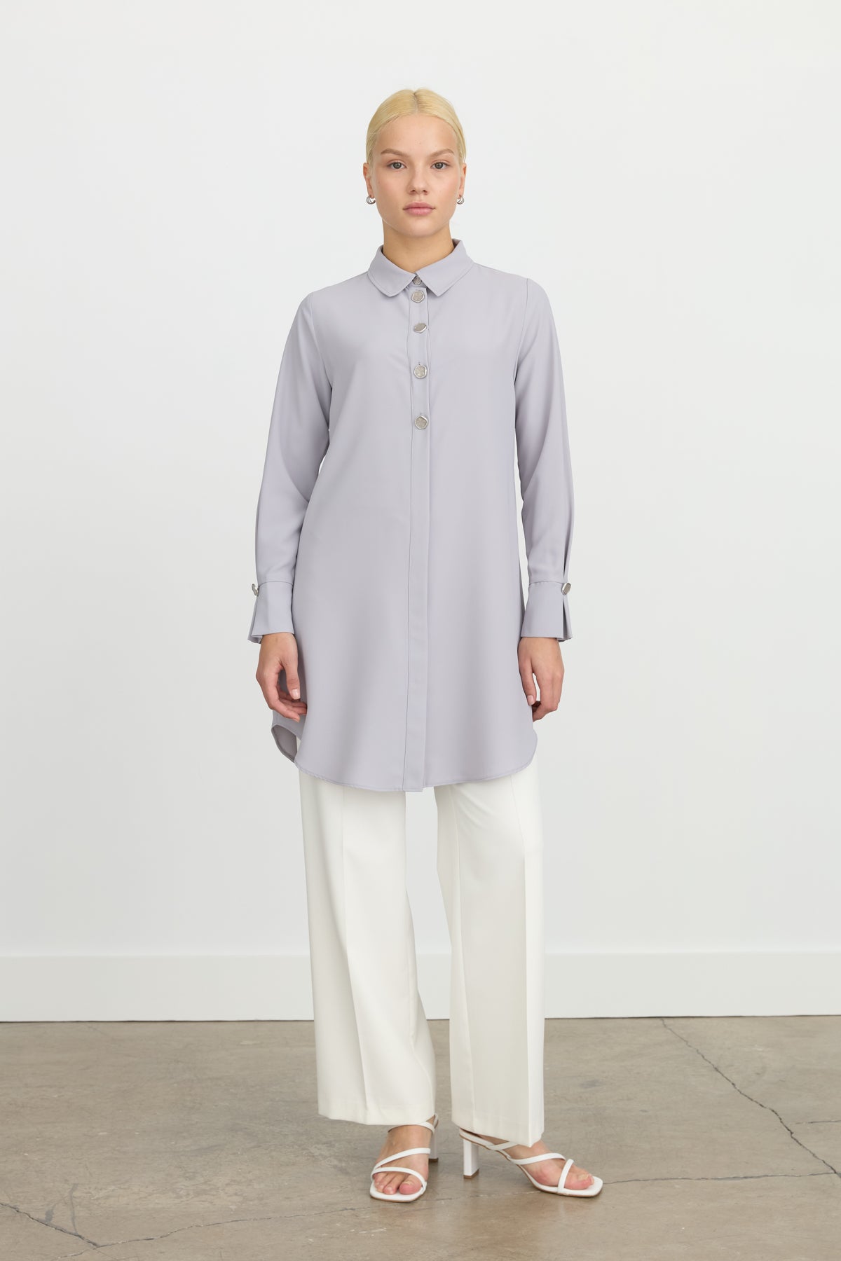 Button Detailed Shirt Collar Tunic - Grey