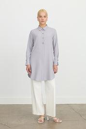 Button Detailed Shirt Collar Tunic - Grey