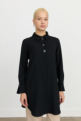 Button Detail Shirt Collar Tunic - Black