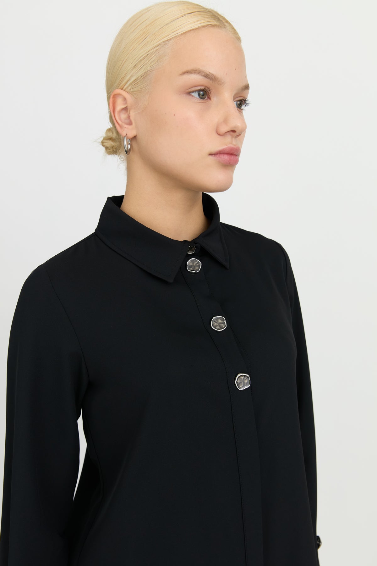 Button Detail Shirt Collar Tunic - Black