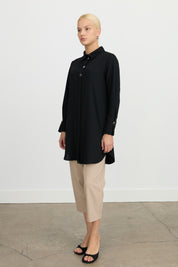 Button Detail Shirt Collar Tunic - Black