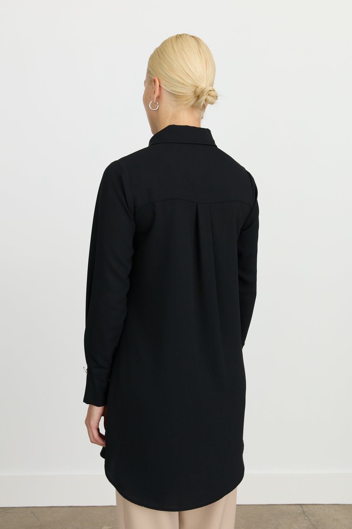 Button Detail Shirt Collar Tunic - Black