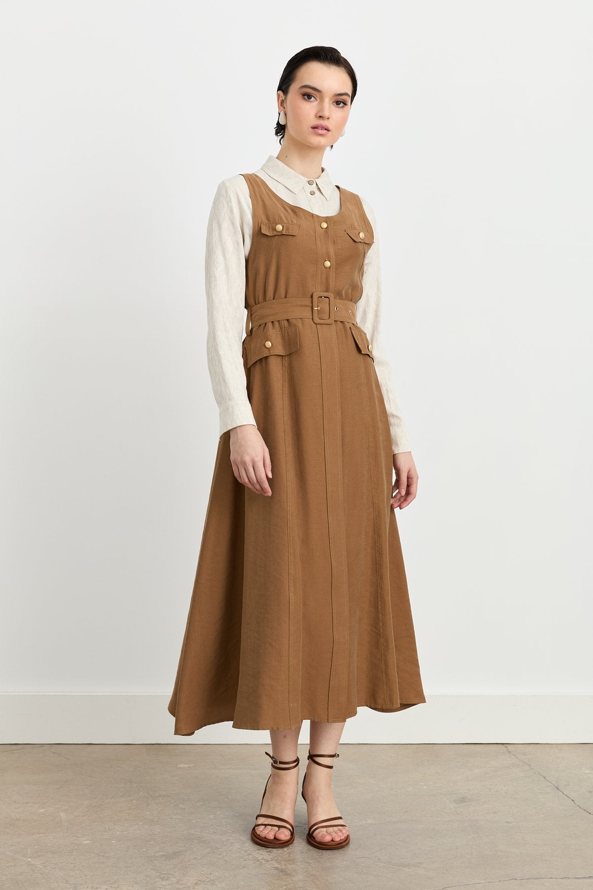 Button Detailed Belted Tencel Jile - Light Brown