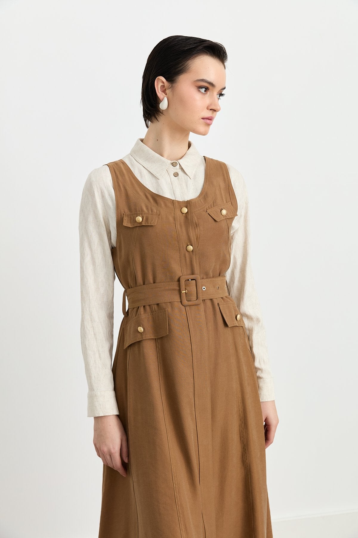 Button Detailed Belted Tencel Jile - Light Brown