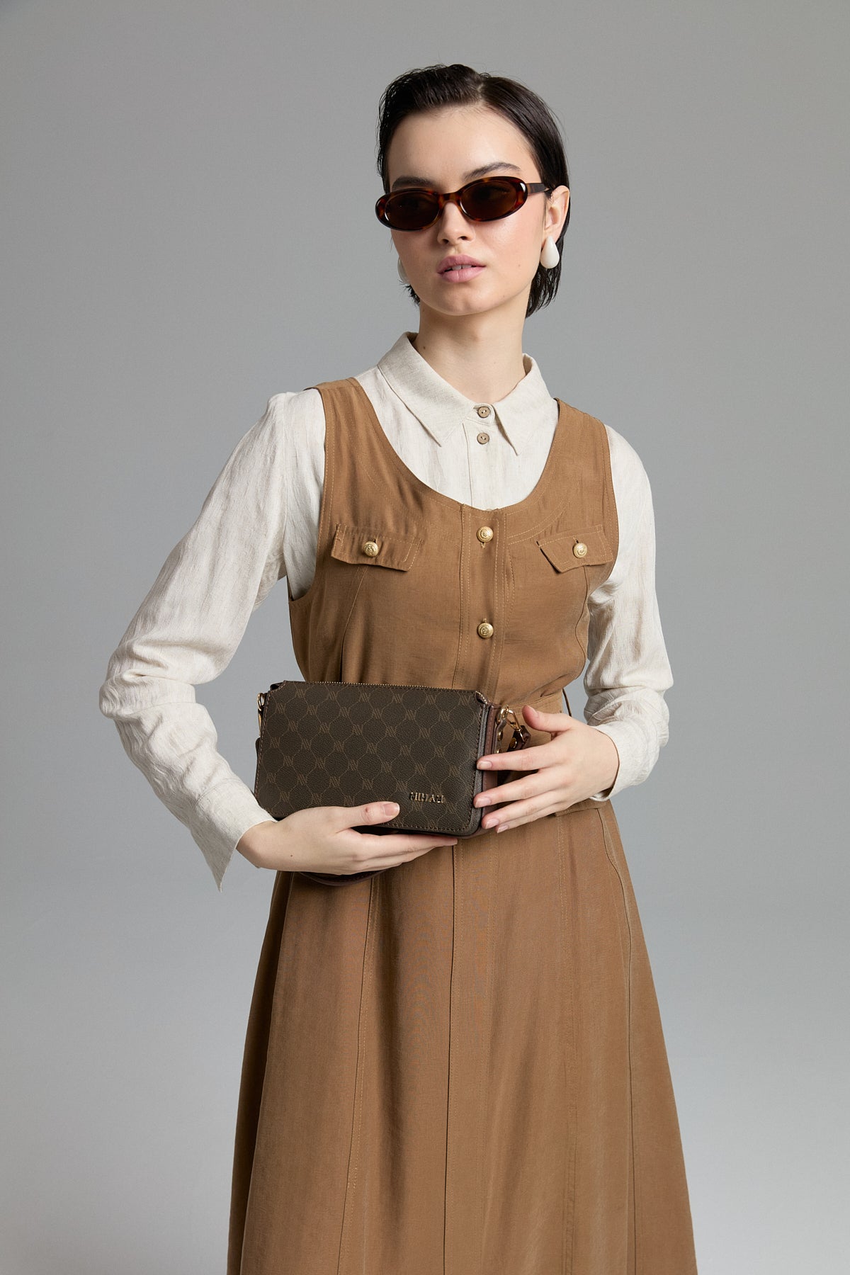 Button Detailed Belted Tencel Jile - Light Brown
