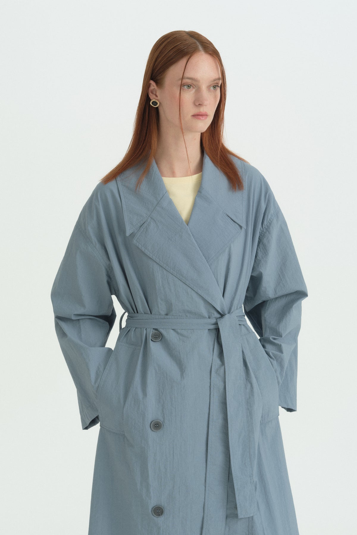 Düğme Detaylı Kuşaklı Oversize Trençkot - Açık Mavi