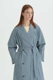 Düğme Detaylı Kuşaklı Oversize Trençkot - Açık Mavi