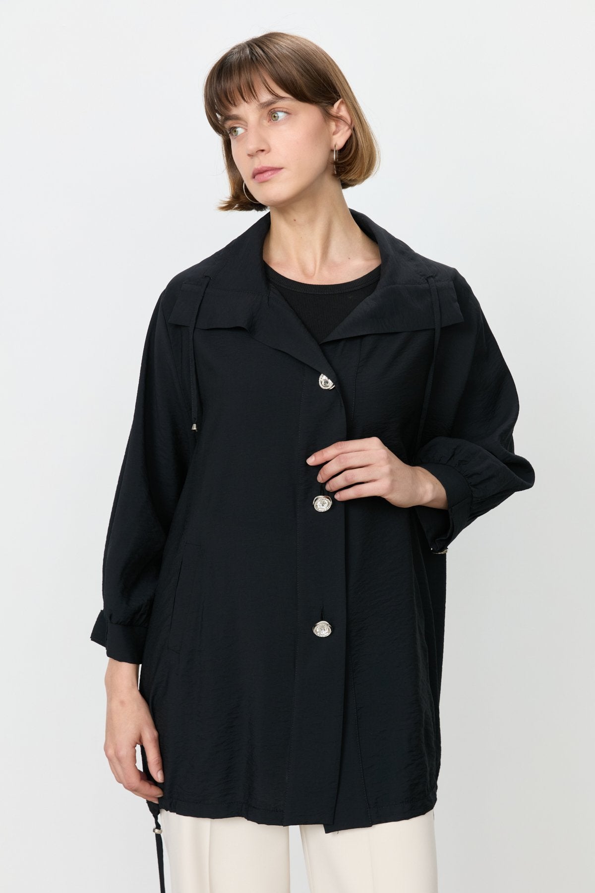 Düğme Detaylı Oversize Modal Giy-Çık - Siyah