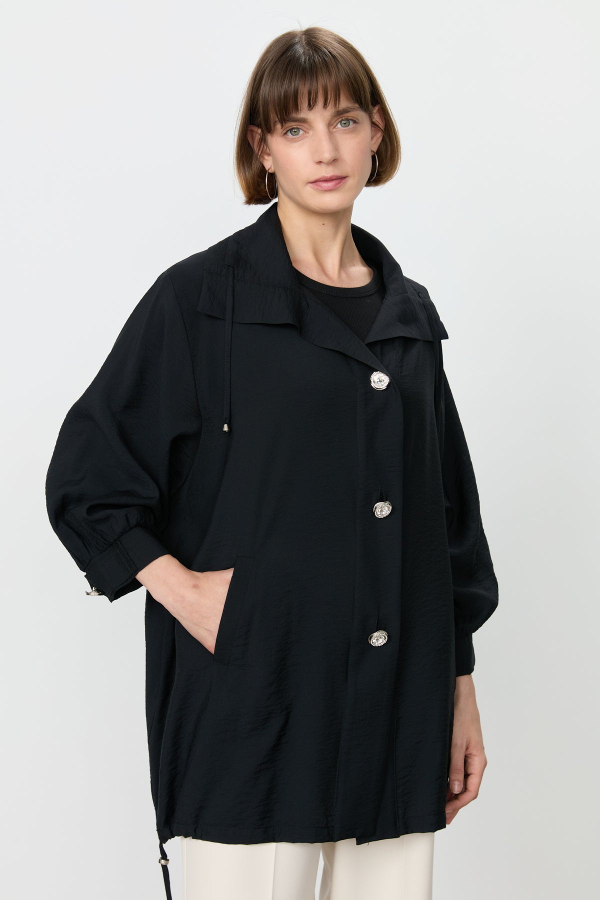 Düğme Detaylı Oversize Modal Giy-Çık - Siyah