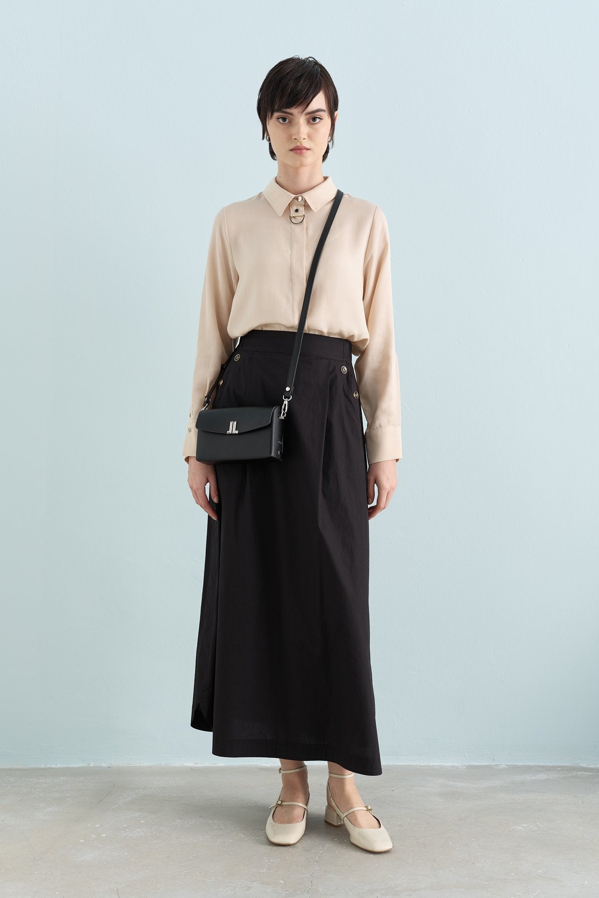 Button Detail Poplin Cotton Skirt - Black